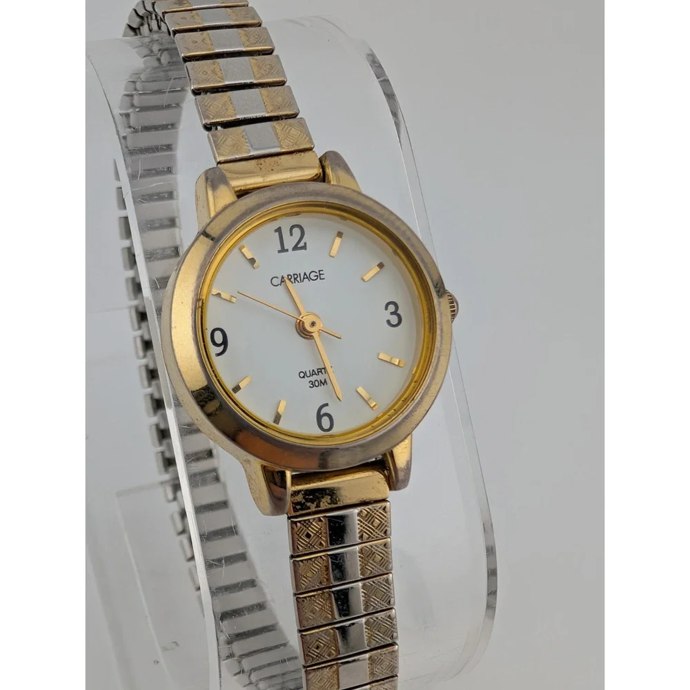 Carriage by Timex Watch Women‎ 21mm Gold Case Stretch Band- New Battery